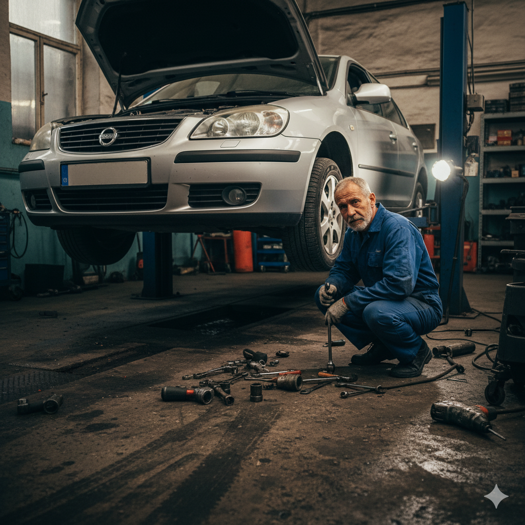Mechanic working on a car engine in an auto repair shop